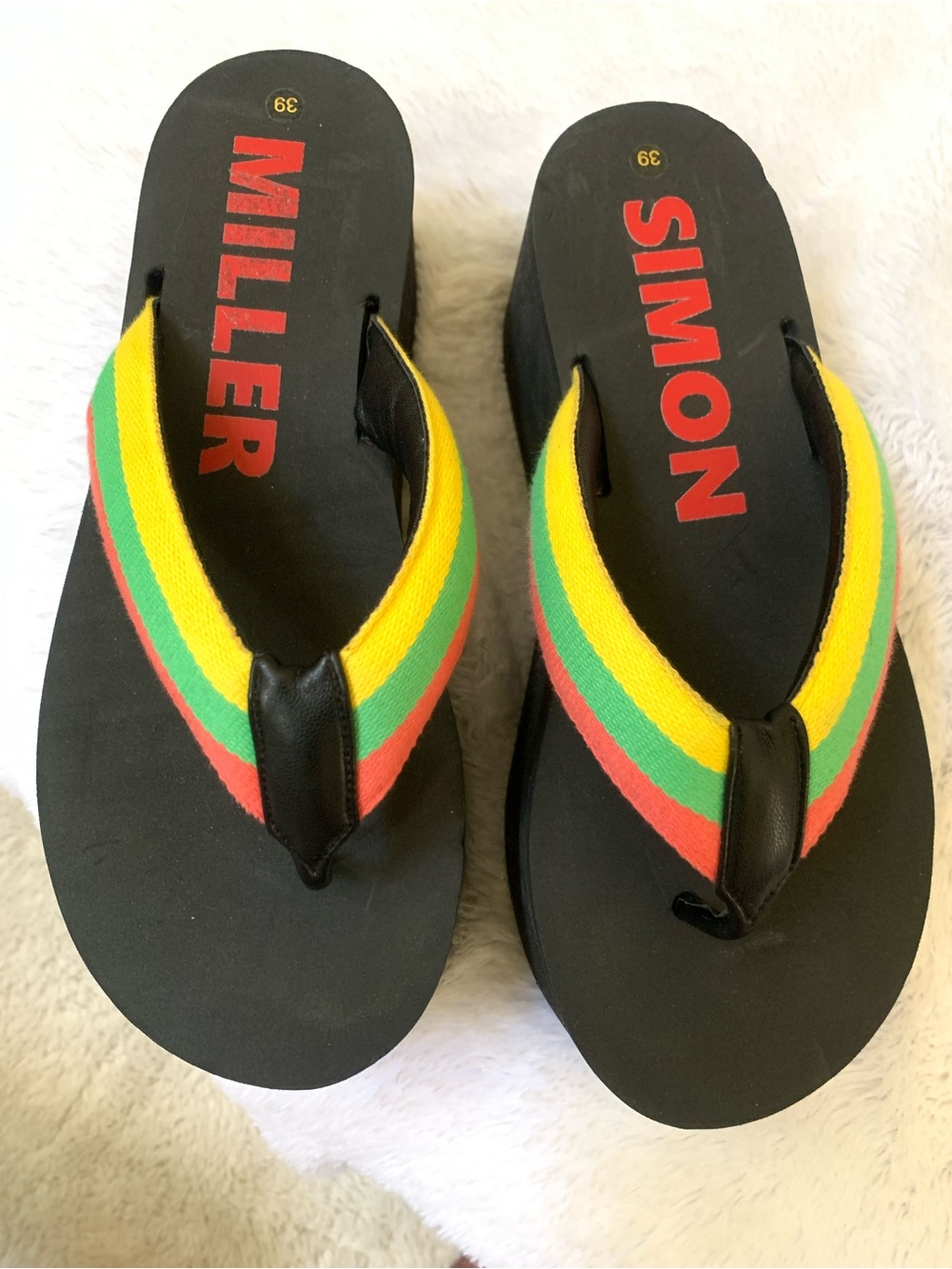 Simon Miller Black Platform Flip Flops with Yellow, Green, Red Straps - Picture 2 of 11